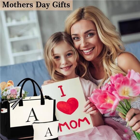 Mothers Day Gifts for Women - Initial Tote Bag & Makeup Hand‎ Bag for Moms - Picture 2 of 6